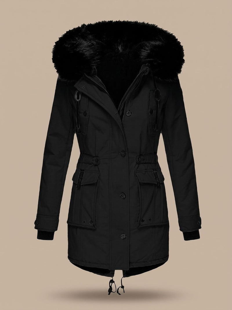 Winter Parka for Women with Faux Fur Hood and Drawstring Waist in Black, studio front view