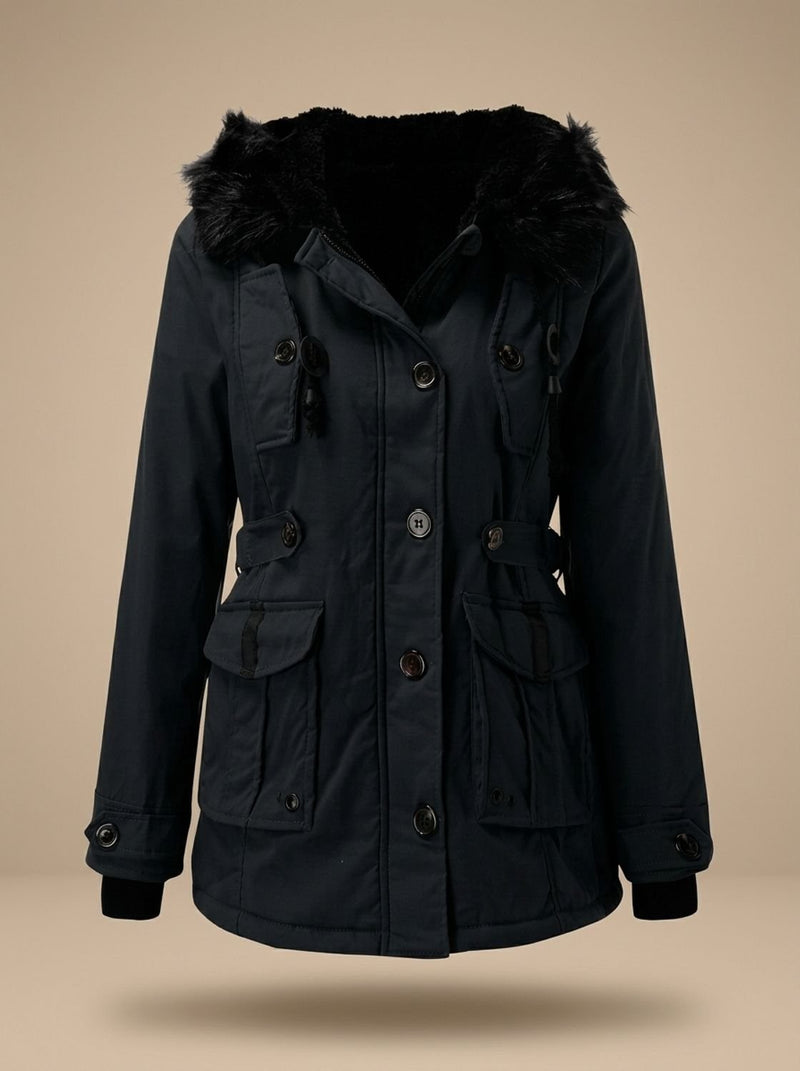 Winter Parka for Women with Faux Fur Hood and Drawstring Waist, studio back view