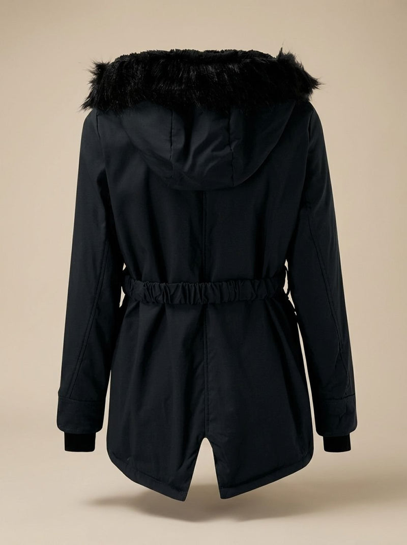 Winter Parka for Women with Faux Fur Hood and Drawstring Waist, studio front view