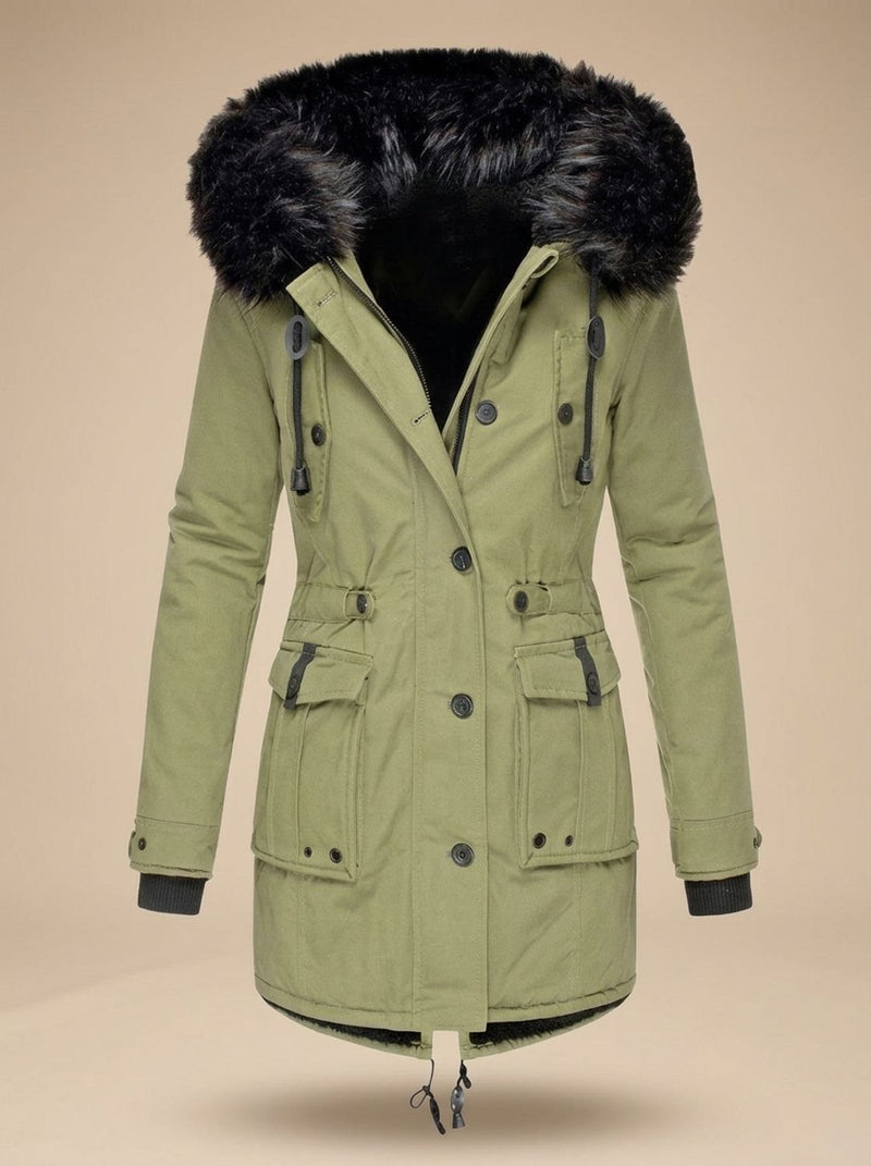 Winter Parka for Women with Faux Fur Hood and Drawstring Waist in Green, studio front view