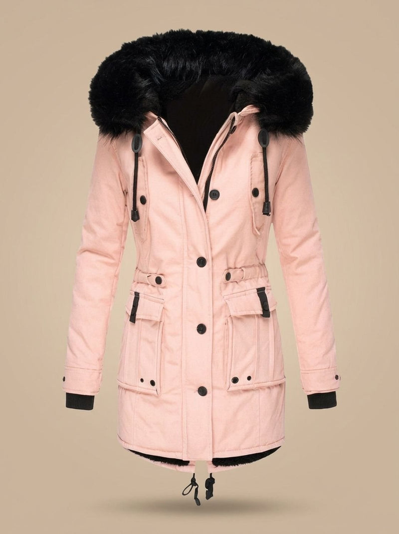 Winter Parka for Women with Faux Fur Hood and Drawstring Waist in Pink, studio front view
