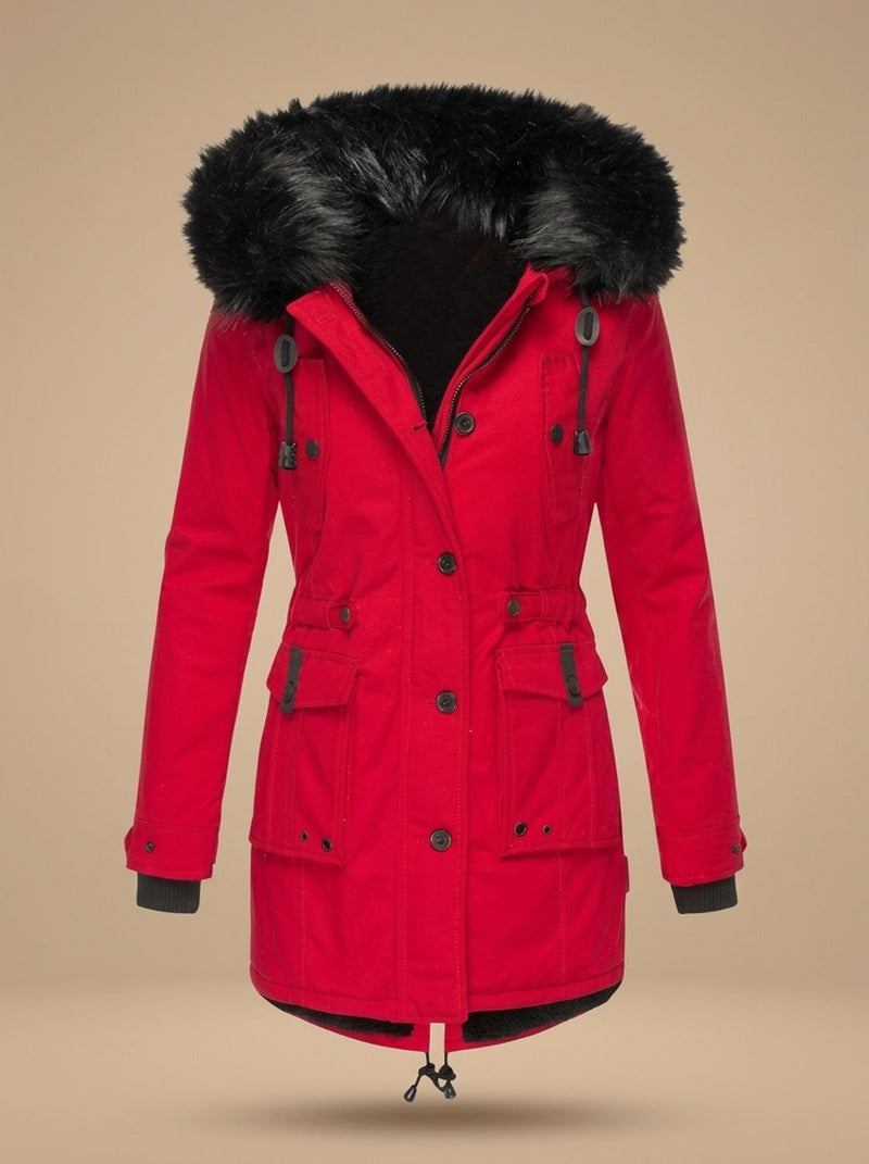 Winter Parka for Women with Faux Fur Hood and Drawstring Waist in Red, studio front view