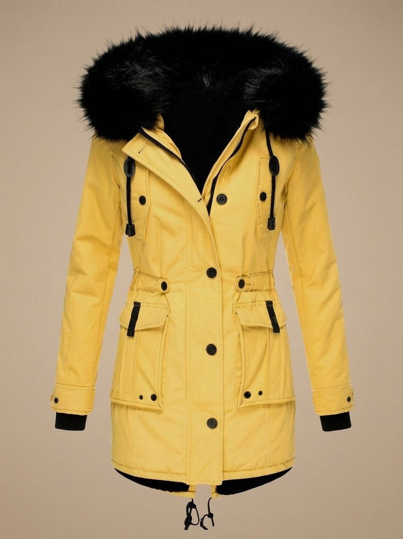 Winter Parka for Women with Faux Fur Hood and Drawstring Waist in Yellow, studio front view