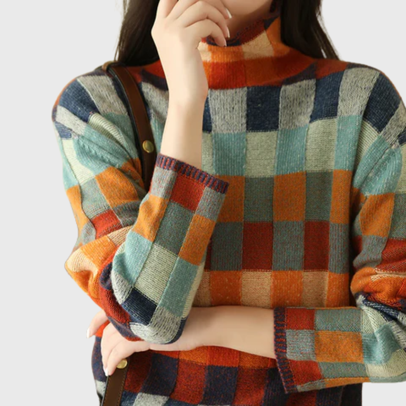 Color Block Sweater for Women with Mock Neck and Patchwork Check Knit, close-up