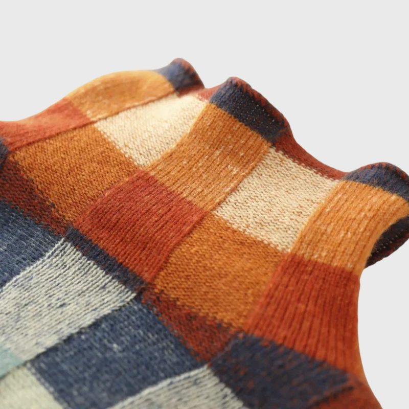 Color Block Sweater for Women with Mock Neck and Patchwork Check Knit, collar detail
