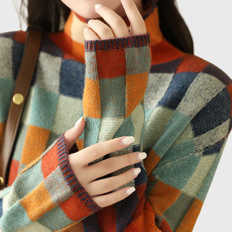 Color Block Sweater for Women with Mock Neck and Patchwork Check Knit, cuff detail