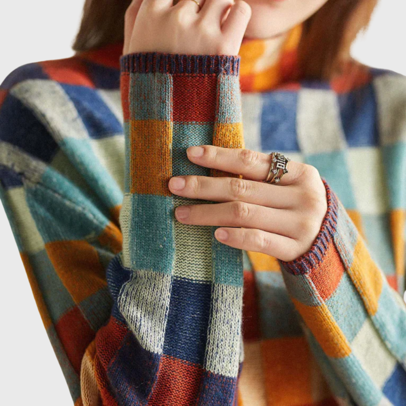 Color Block Sweater for Women with Mock Neck and Patchwork Check Knit, fabric close-up