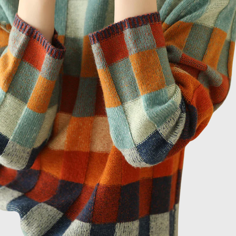 Color Block Sweater for Women with Mock Neck and Patchwork Check Knit, sleeve detail