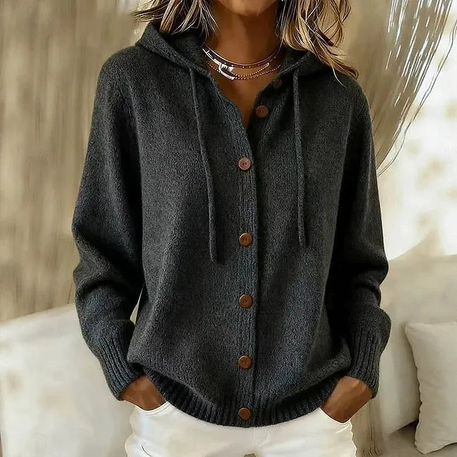 Hooded Knit Cardigan for Women with Button Front and Drawstring in Black, front view