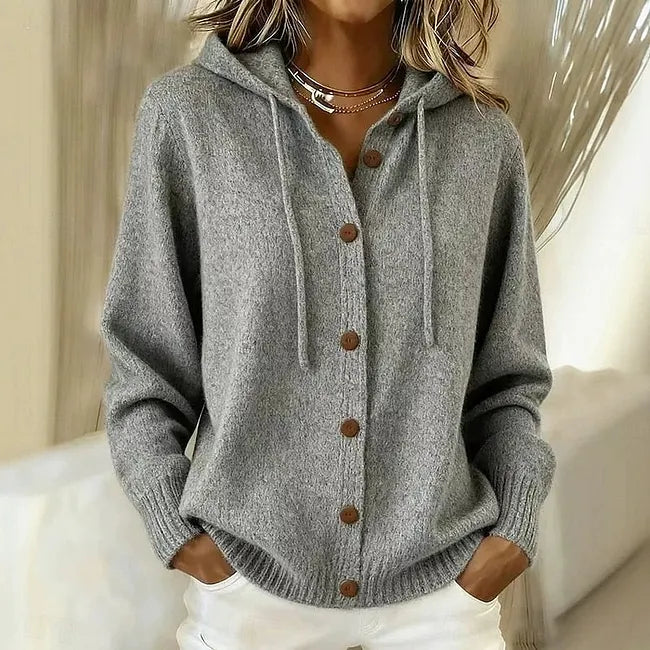 Hooded Knit Cardigan for Women with Button Front and Drawstring in Gray, front view