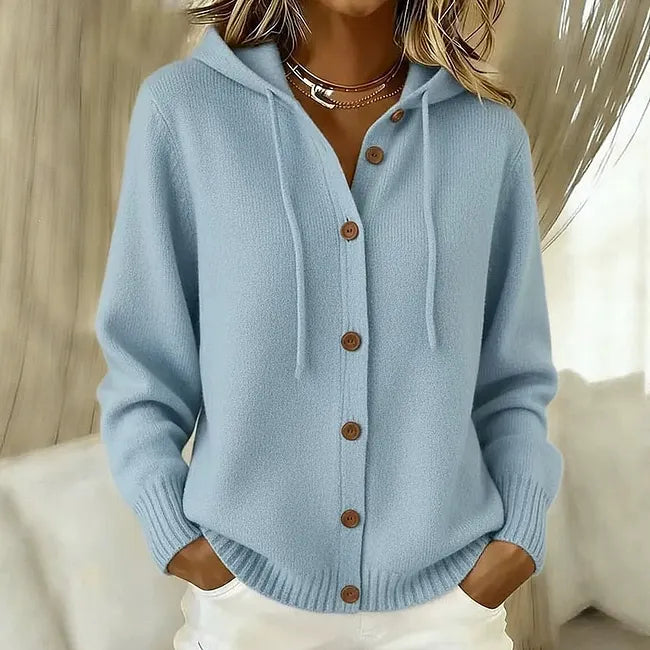 Hooded Knit Cardigan for Women with Button Front and Drawstring in Light Blue, front view