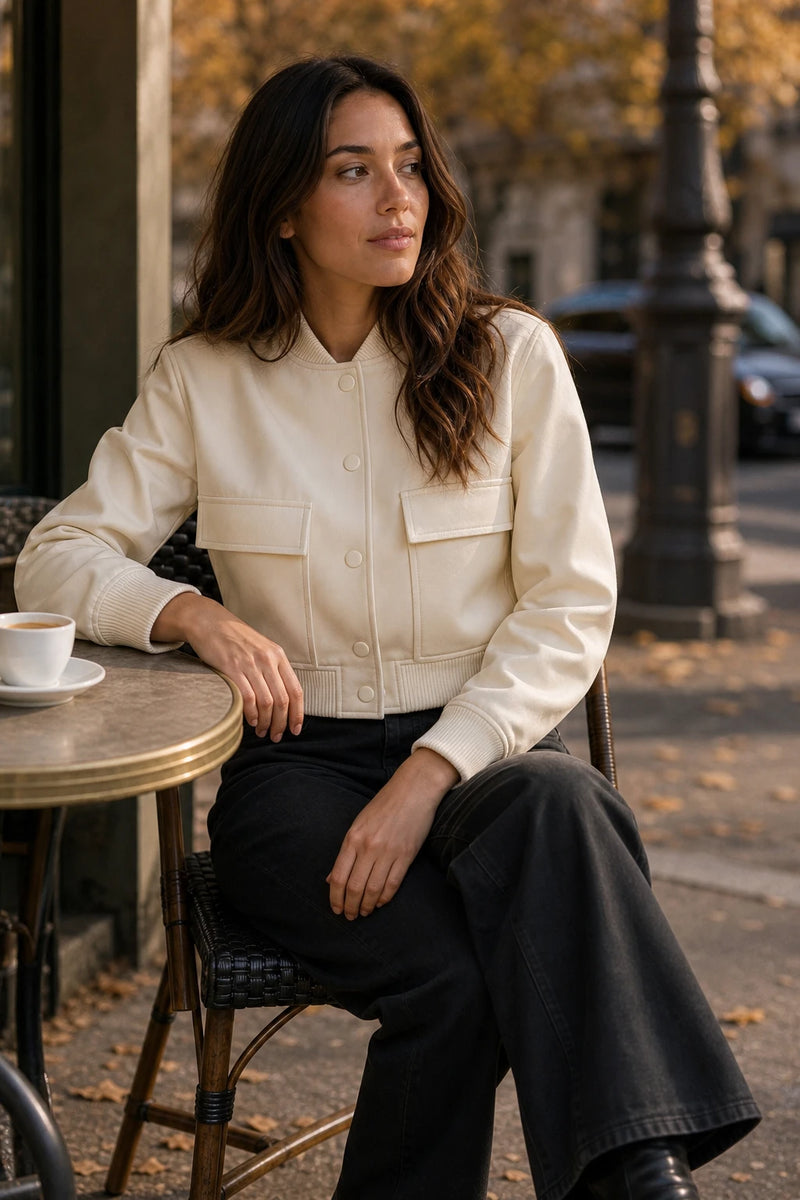 SOFAINE-V7-LIFE-Fleur | Collared Button Jacket in Apricot, café scene