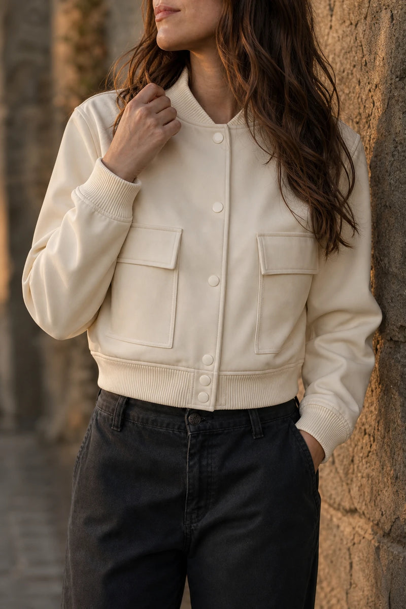 SOFAINE-V7-LIFE-Fleur | Collared Button Jacket in Apricot, detail close-up