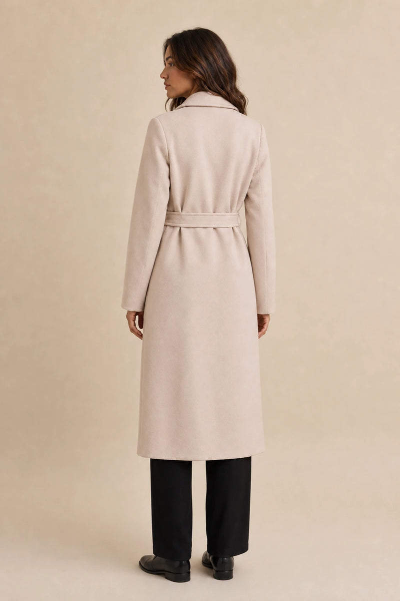 Beatrix | Wool-Feel Trench Coat in Apricot, studio back view