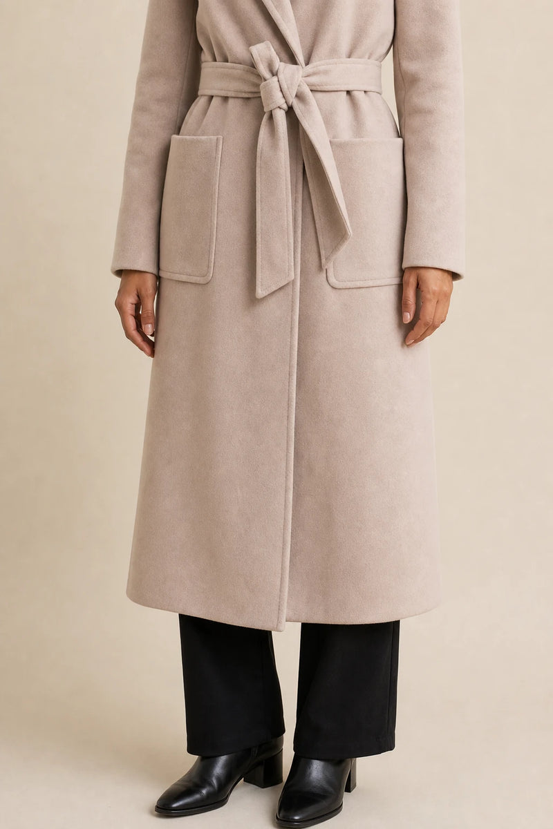 Beatrix | Wool-Feel Trench Coat in Apricot, fabric close-up