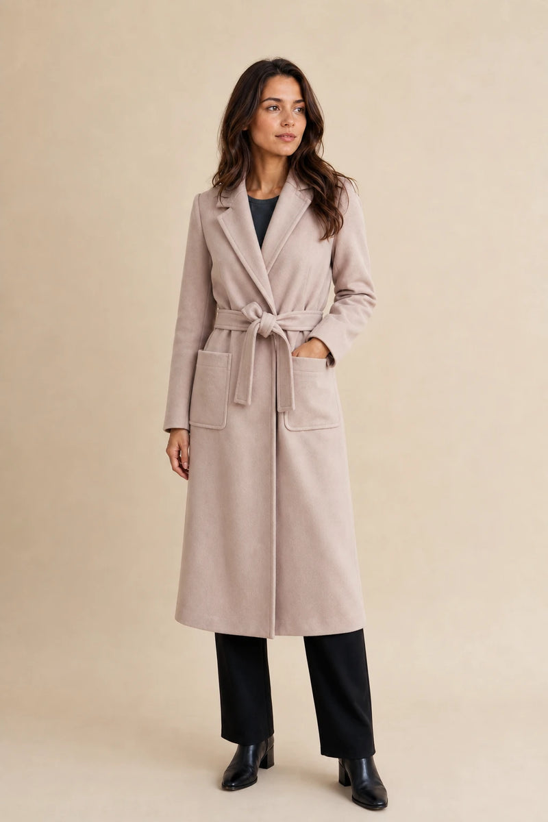 Beatrix | Wool-Feel Trench Coat in Apricot, studio front view
