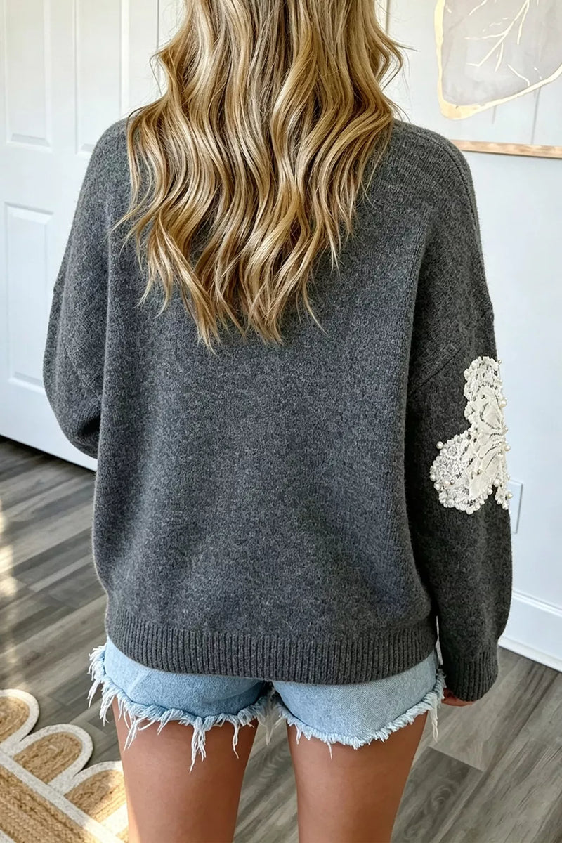 Embellished Flower Sweater for Women with Faux Pearls and Sequins in Dark Gray, back view