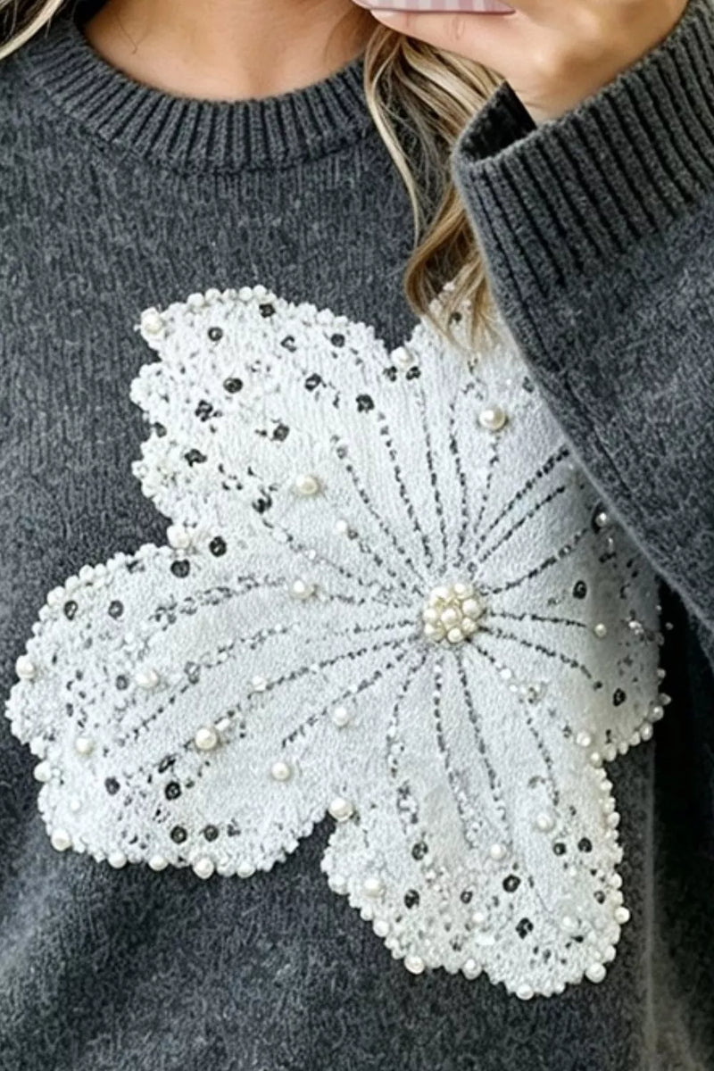 Embellished Flower Sweater for Women with Faux Pearls and Sequins in Dark Gray, flower close-up