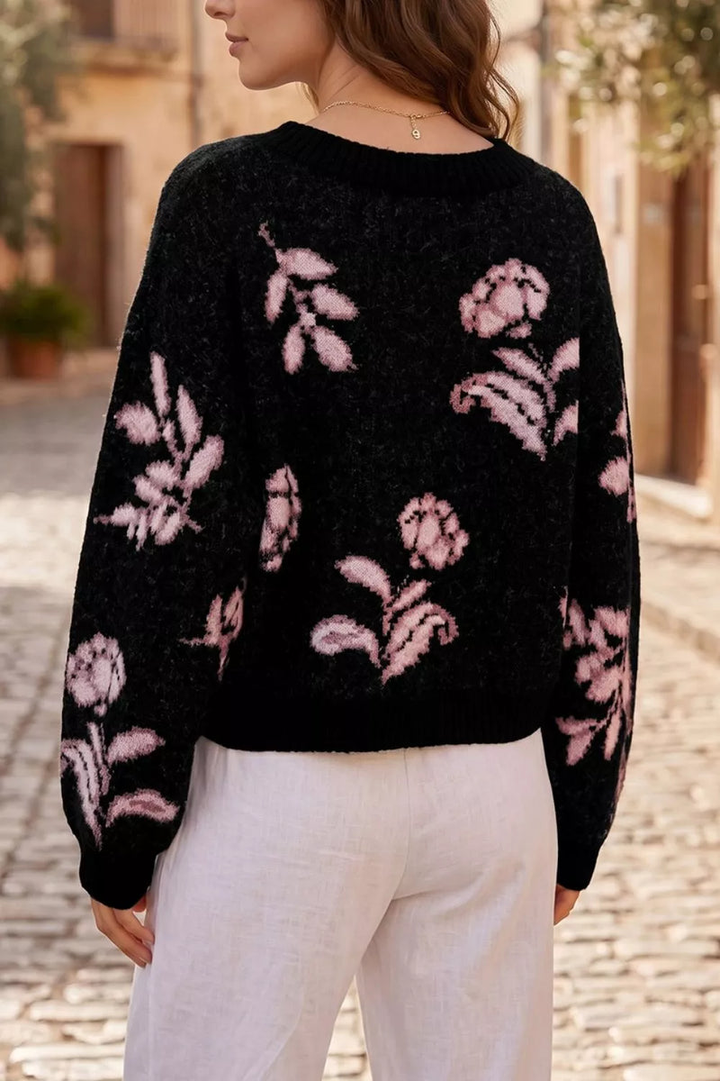Floral Knit Sweater for Women with Balloon Sleeves and Dropped Shoulders in Black, back view
