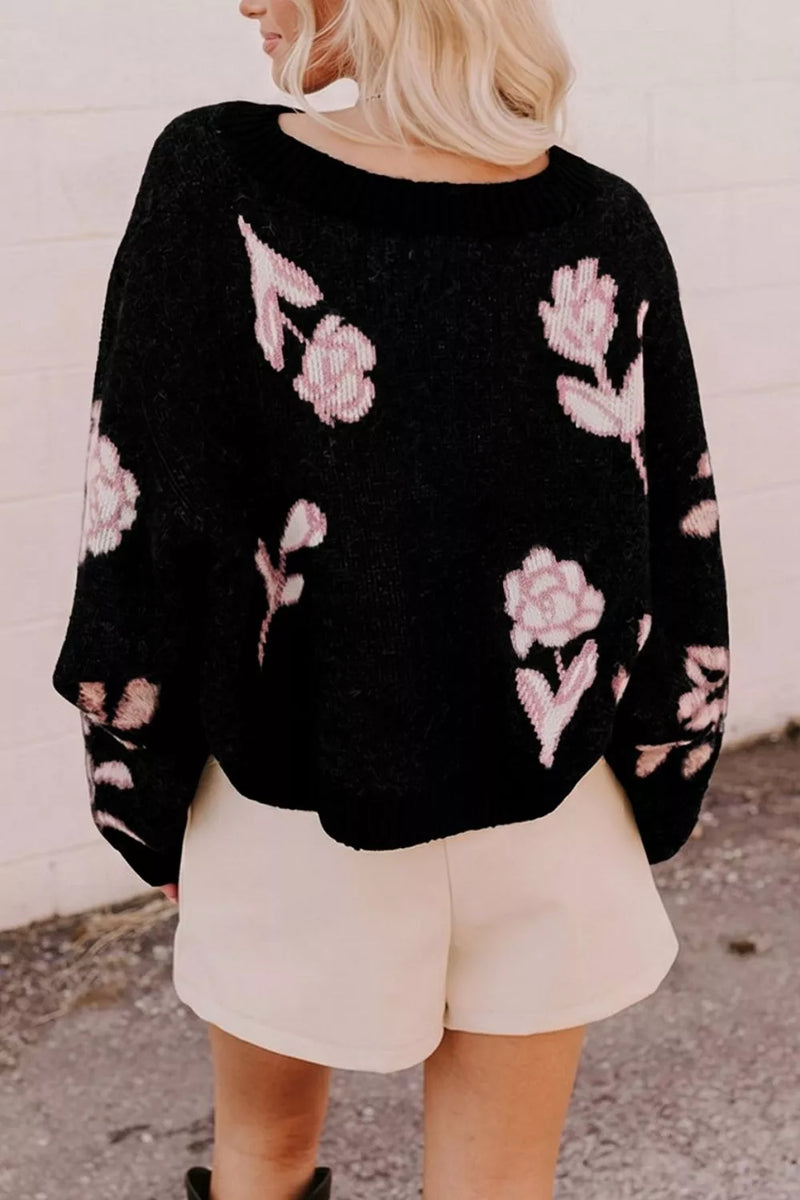 Floral Knit Sweater for Women with Balloon Sleeves and Dropped Shoulders in Black, full back view