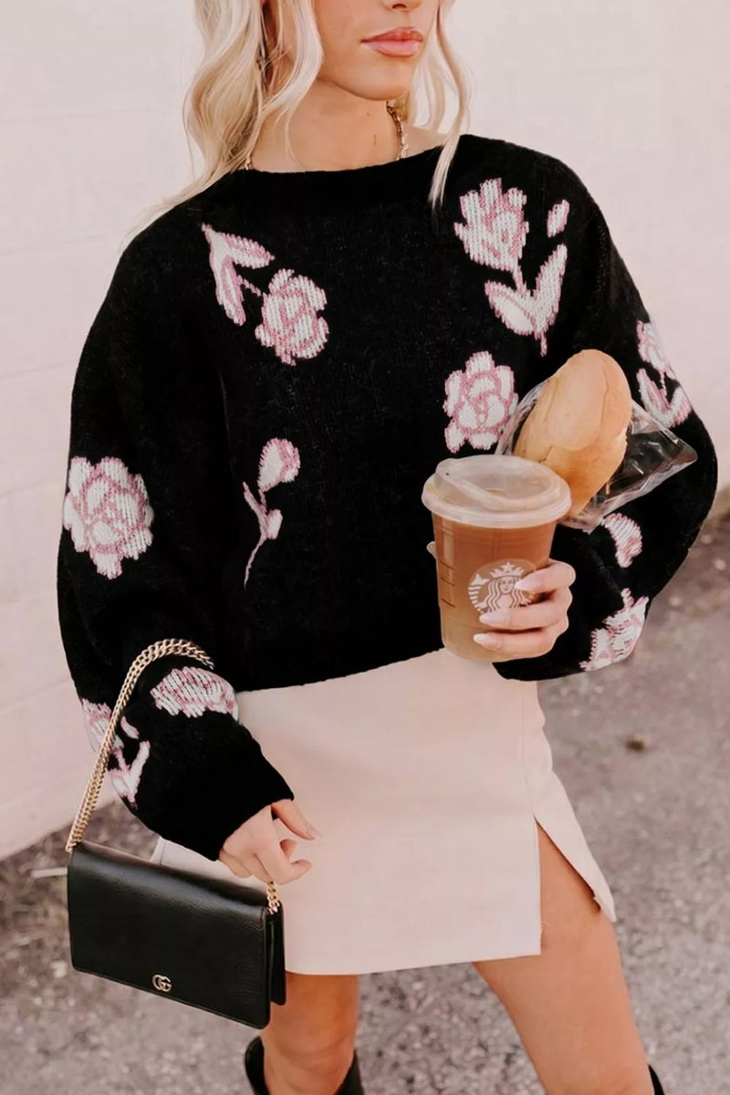 Floral Knit Sweater for Women with Balloon Sleeves and Dropped Shoulders in Black, styled view