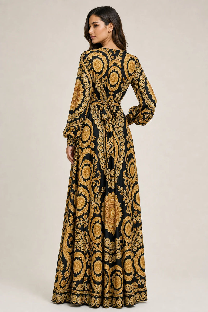 Sofaine Athena women's baroque wrap maxi dress in Golden Yellow, back view