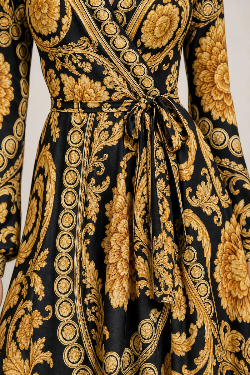 Sofaine Athena women's baroque wrap maxi dress in Golden Yellow, print detail