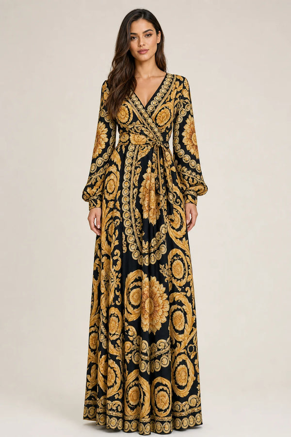 Sofaine Athena women's baroque wrap maxi dress in Golden Yellow, front hero