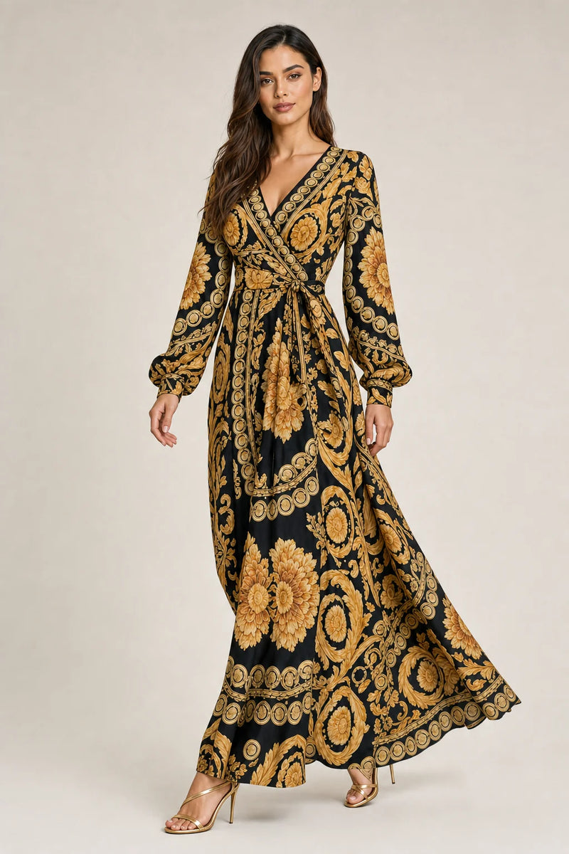 Sofaine Athena women's baroque wrap maxi dress in Golden Yellow, full styled look