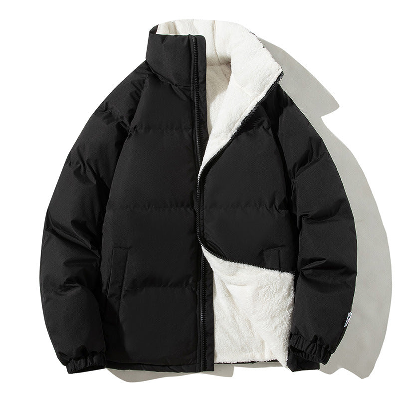 Sherpa-Lined Puffer Jacket for Women with Stand Collar and Elastic Cuffs in Black, flat lay