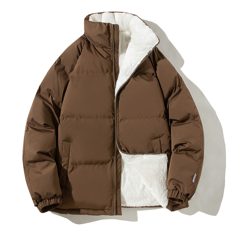Sherpa-Lined Puffer Jacket for Women with Stand Collar and Elastic Cuffs in Brown, flat lay