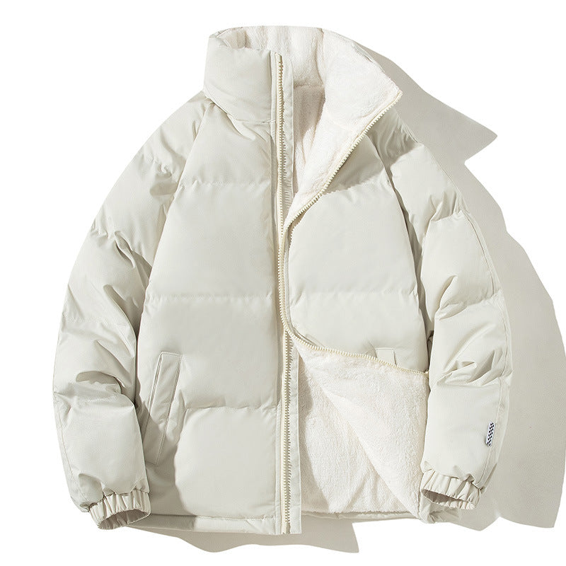 Sherpa-Lined Puffer Jacket for Women with Stand Collar and Elastic Cuffs in Cream, open front flat lay