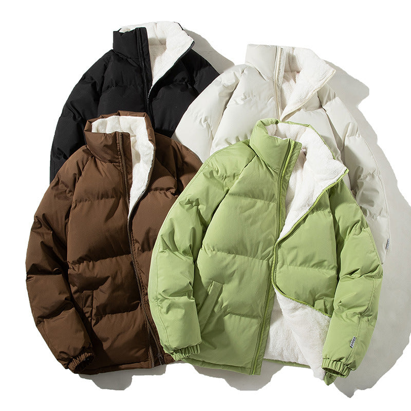 Sherpa-Lined Puffer Jacket for Women with Stand Collar and Elastic Cuffs, group flat lay of all colors