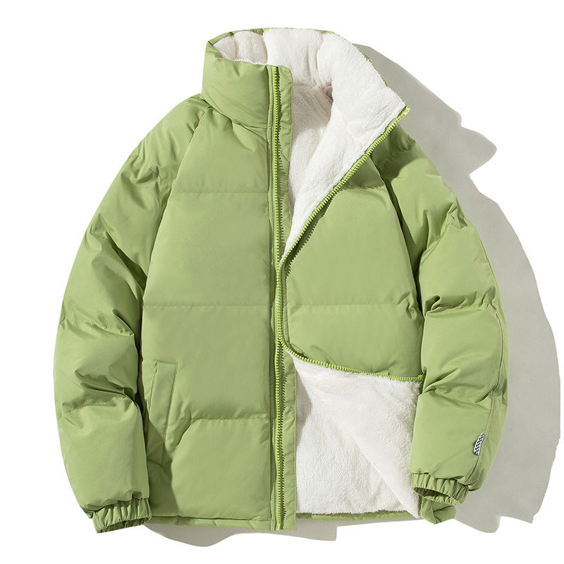 Sherpa-Lined Puffer Jacket for Women with Stand Collar and Elastic Cuffs in Light Green, open front flat lay