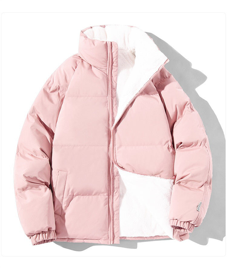 Sherpa-Lined Puffer Jacket for Women with Stand Collar and Elastic Cuffs in Pink, flat lay