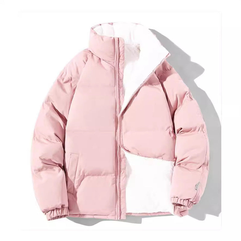 Sherpa-Lined Puffer Jacket for Women with Stand Collar and Elastic Cuffs in Pink, open front flat lay