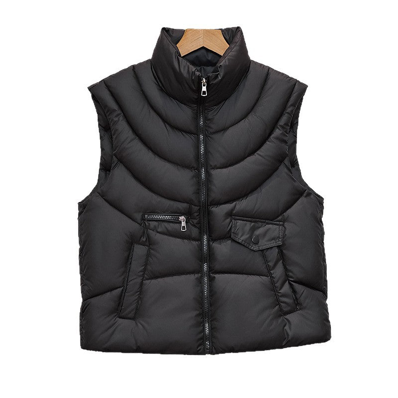Quilted Puffer Vest for Women with Stand Collar and Flap Pocket in Black, flat lay