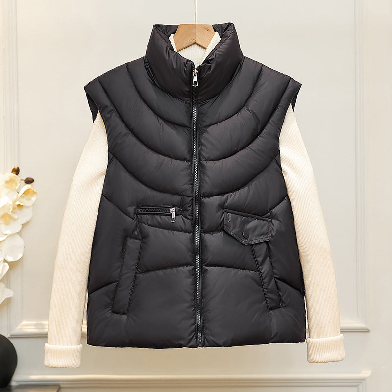 Quilted Puffer Vest for Women with Stand Collar and Flap Pocket in Black, front view