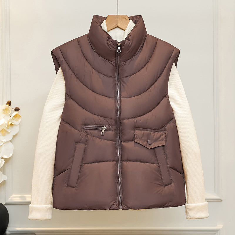Quilted Puffer Vest for Women with Stand Collar and Flap Pocket in Brown, front view