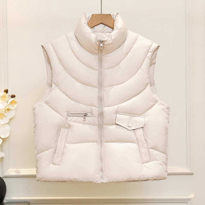 Quilted Puffer Vest for Women with Stand Collar and Flap Pocket in Cream, front view
