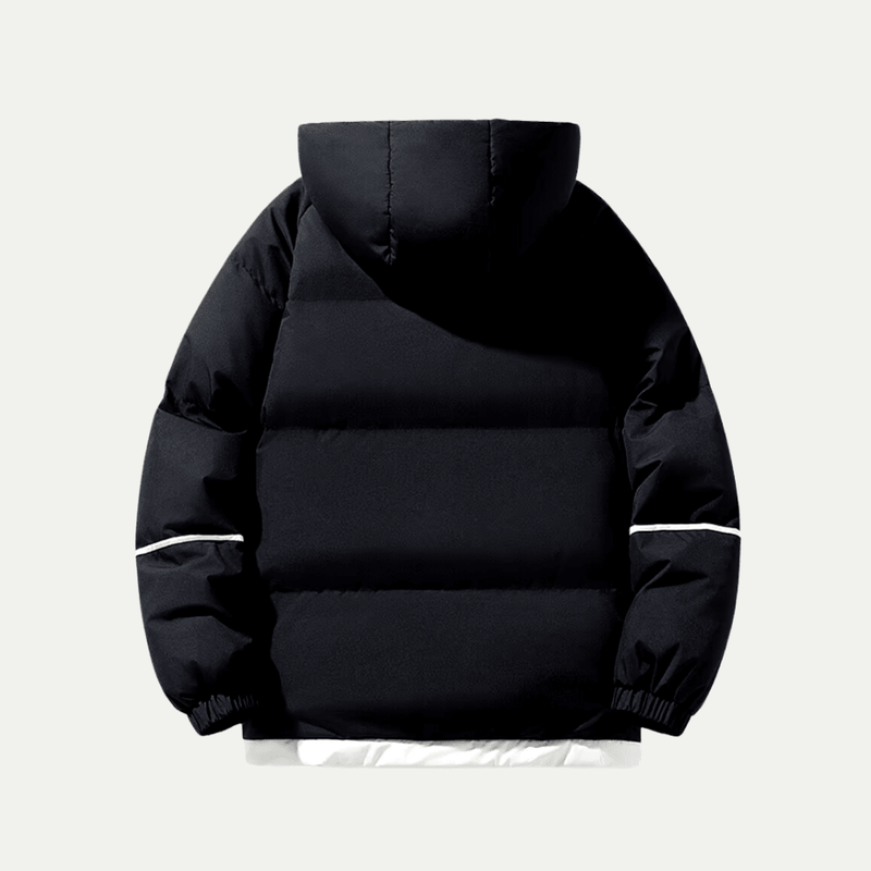 Oversized Hooded Puffer Jacket for Women with Contrast Hood and Piping in Black, back view