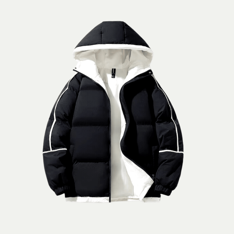 Oversized Hooded Puffer Jacket for Women with Contrast Hood and Piping in Black, front view