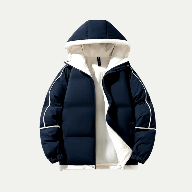 Oversized Hooded Puffer Jacket for Women with Contrast Hood and Piping in Navy Blue, front view