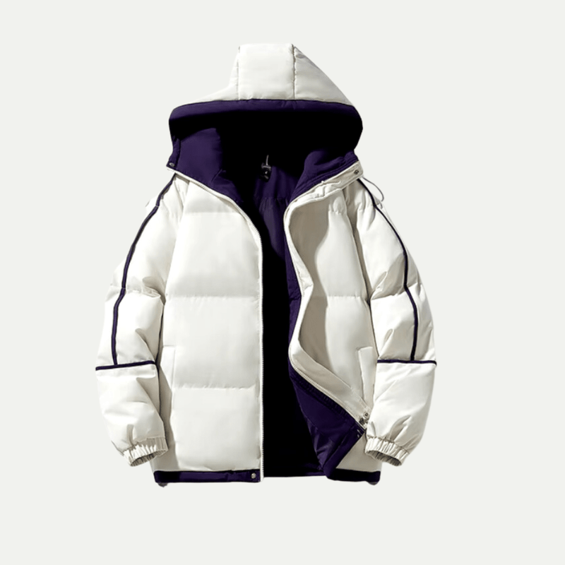 Oversized Hooded Puffer Jacket for Women with Contrast Hood and Piping in White, front view