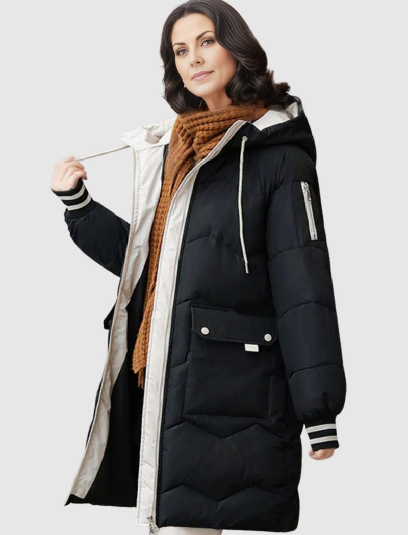 Mid Length Hooded Puffer Coat for Women with Flap Pockets and Knit Cuffs in Black, front view 2