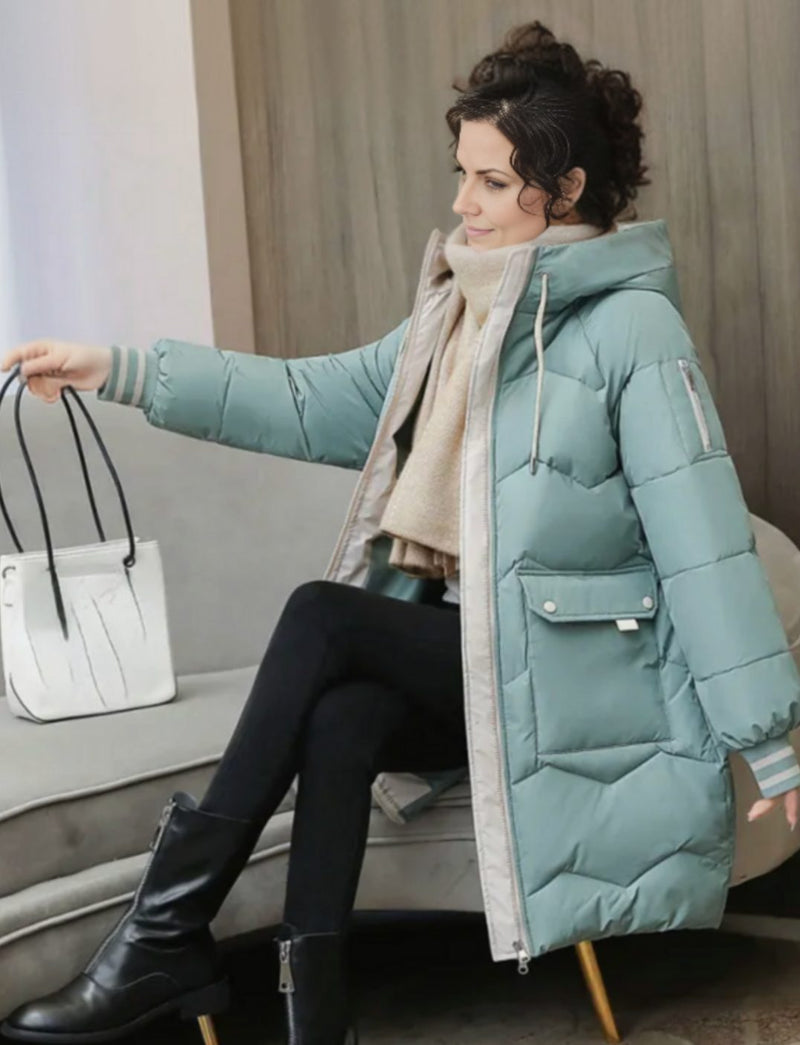 Mid Length Hooded Puffer Coat for Women with Flap Pockets and Knit Cuffs in Light Green, side view