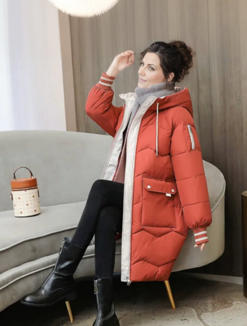 Mid Length Hooded Puffer Coat for Women with Flap Pockets and Knit Cuffs in Red, side view