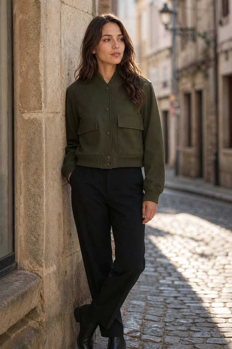 SOFAINE-V7-LIFE-Fleur | Collared Button Jacket in Army Green, street-style view