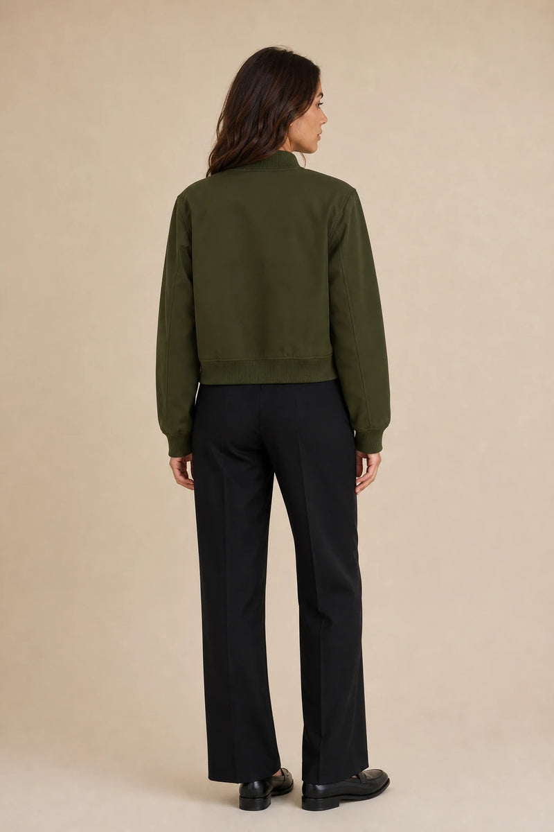 Fleur | Collared Button Jacket in Army Green, studio back view