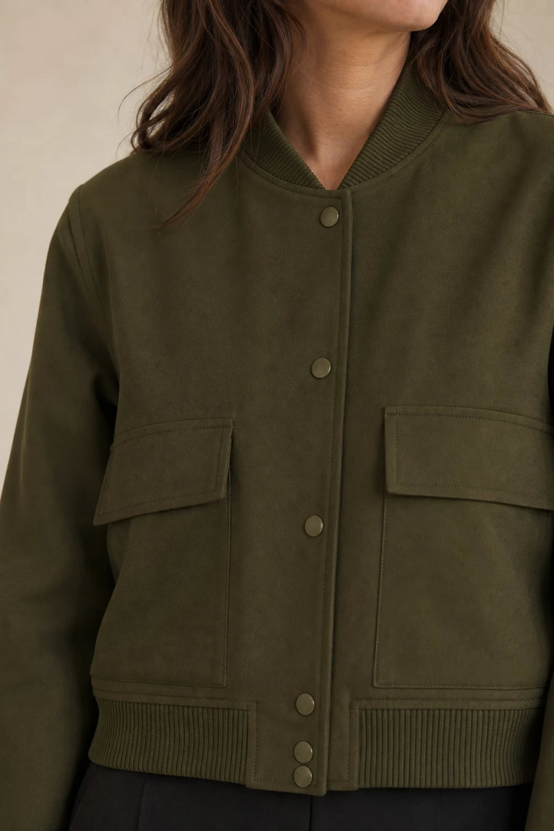 Fleur | Collared Button Jacket in Army Green, fabric close-up